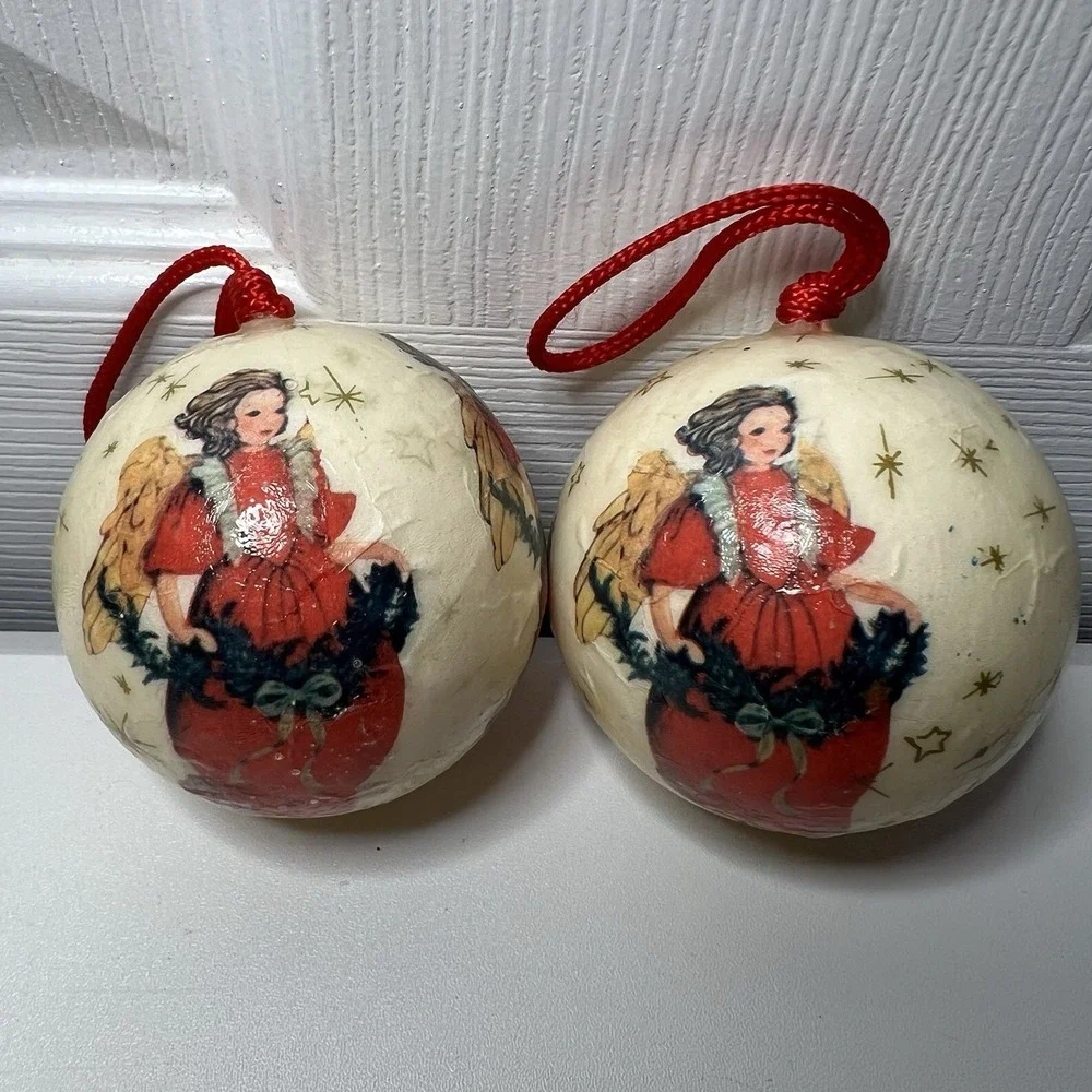 Set Of 2-Vintage Decoupage Angel‎ Christmas Ornaments
